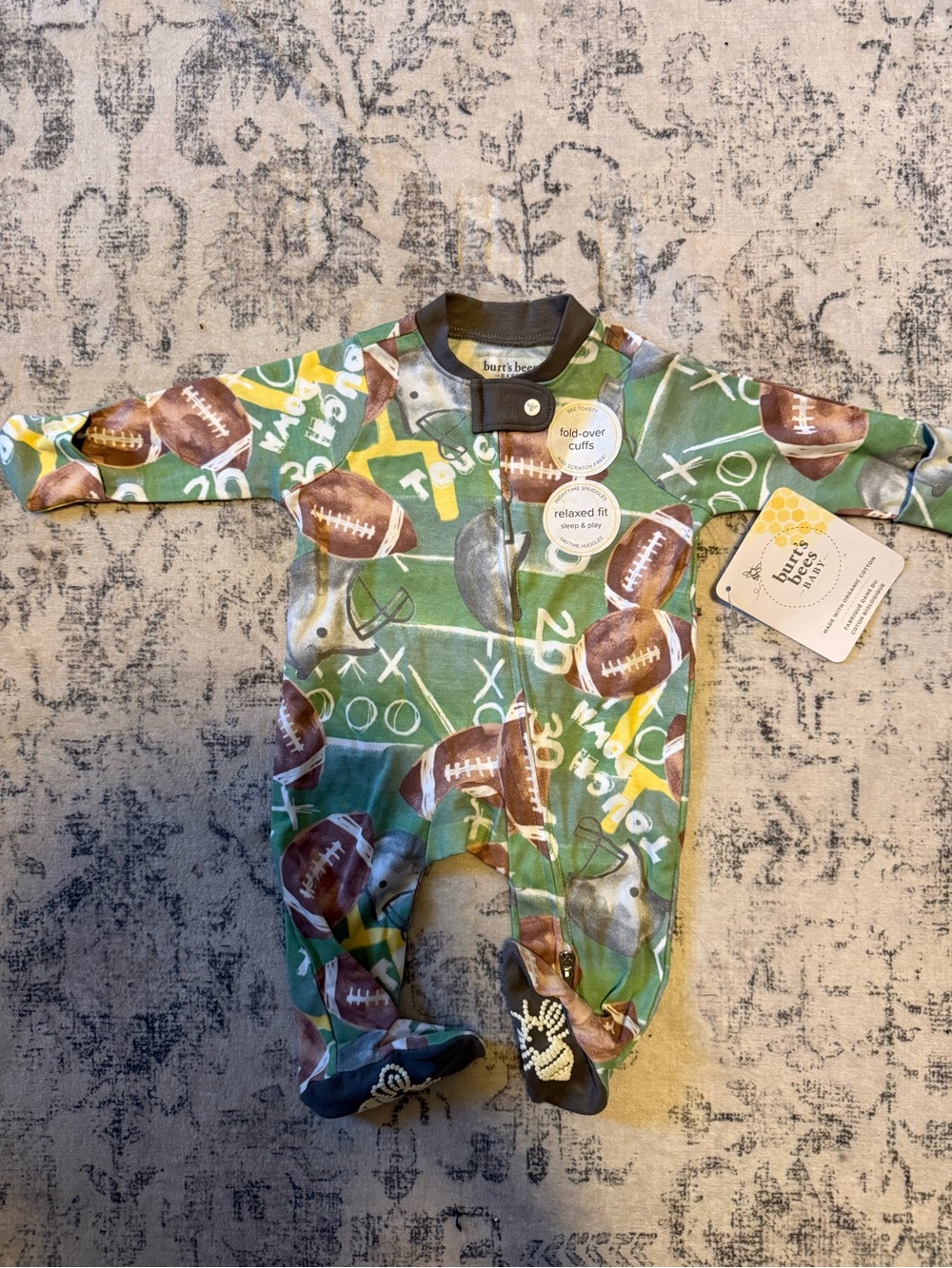 Burt's Bees Baby Green Football-Field Print Footed One-Piece